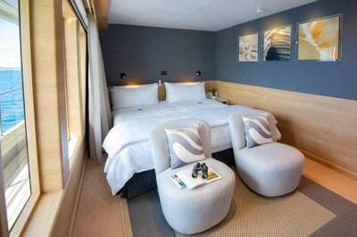 Double bed on the Galapagos Tribute Yacht. Ecuador