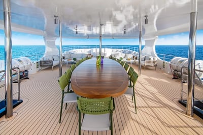 Dining table on deck on the Galapagos Tribute Yacht, Ecuador