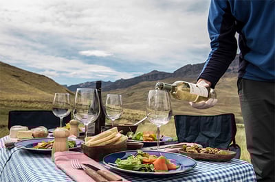 lunch with wine in Patagonia landscape