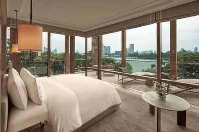 Luxurious hotel room overlooking bangkok river