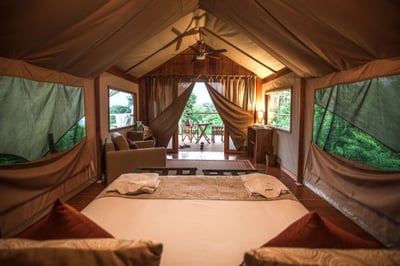 inside african inspired safari tent at the galapagos safari camp