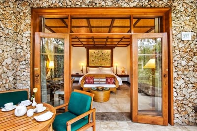 outdoor terrace with food served in the lanai terrace rooms at the oberoi beach resort bali