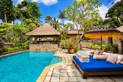 a villa with swimming pool and terrace at the oberoi beach resort bali
