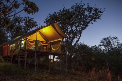 safari inspired tent lit up at at night at the galapagos safari camp