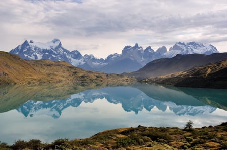 9 The Torres del Paine National Park sunset view. mountains, glaciers, lakes, and rivers in southern Patagonia, Chile