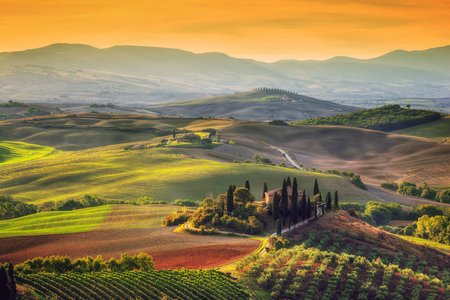 3 Tuscany landscape at sunrise. Typical for the region tuscan farm house, hills, vineyard. Italy