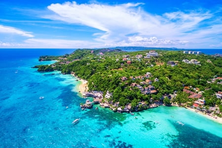 3 Tropical beach with palm trees, boats, blue sky and white sand Philippines, El Nido