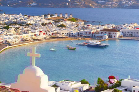4 Aerial image of a beach with sun loungers and parasols in Greece