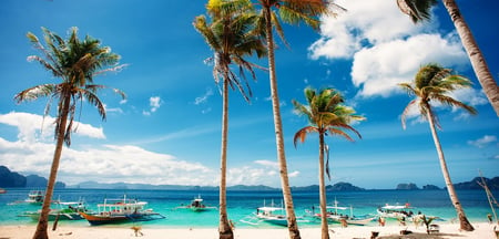 4 Tropical beach with palm trees, boats, blue sky and white sand Philippines, El Nido