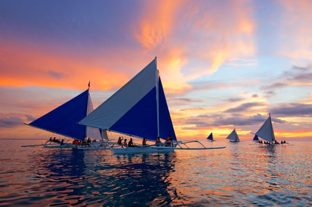 6 Tropical beach with palm trees, boats, blue sky and white sand Philippines, El Nido