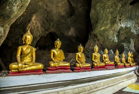 7 Novices monk in orange robe vipassana meditation at front of Buddha statues, Laos