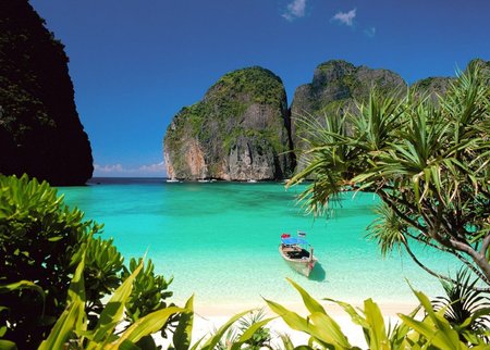 8 Railay beach, natural rock formations and clear blue waters and sampan boat in Krabi Thailand