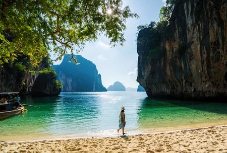 12 Railay beach, natural rock formations and clear blue waters and sampan boat in Krabi Thailand