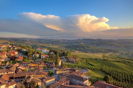 6 Tuscany landscape at sunrise. Typical for the region tuscan farm house, hills, vineyard. Italy