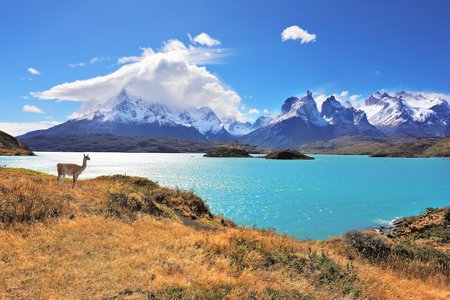 5 The Torres del Paine National Park sunset view. mountains, glaciers, lakes, and rivers in southern Patagonia, Chile