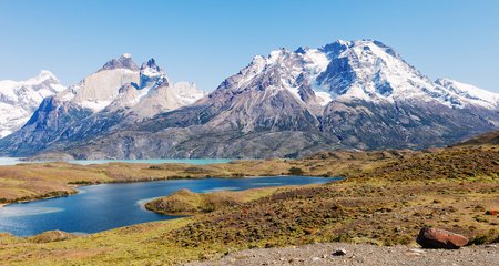 7 The Torres del Paine National Park sunset view. mountains, glaciers, lakes, and rivers in southern Patagonia, Chile