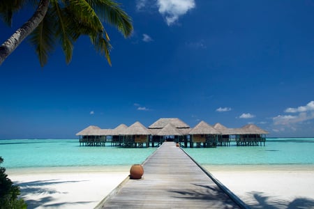 1 Luxury tropical resort or hotel with water villas and beautiful beach scenery. Landscape seascape aerial view over a Maldives