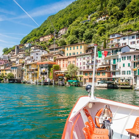 4 Waterfront view of Morcote village on Lake Lugano, Switzerland. Morcotte is considered "The Pearl of Cerasio"
