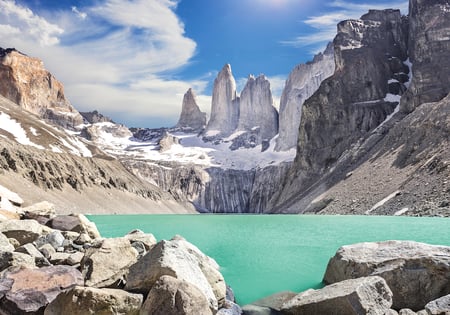 8 The Torres del Paine National Park sunset view. mountains, glaciers, lakes, and rivers in southern Patagonia, Chile