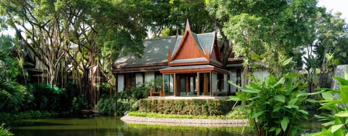 Beautiful hotel in Thailand surrounded by lush greenery