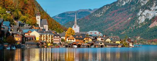 The scenic Alpine village of Hallstatt on the western shore of Lake Hallstatt in Austria