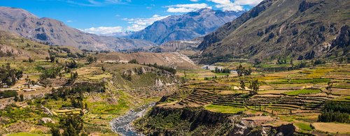 Colca Valley is located about 100 kilometers northwest of Arequipa, Peru