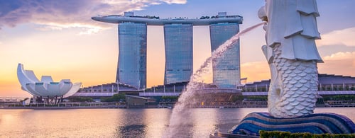 Merlion by marina bay in singapore, Marina Bay Sands background, Art Science museum