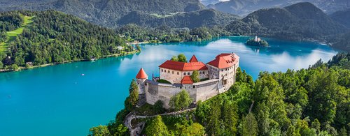 Bled, Slovenia - Aerial panoramic view of beautiful Bled Castle
