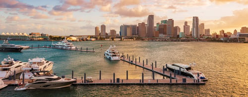 Downtown Miami, Florida, USA, and the port, MacArthur Causeway at sunset