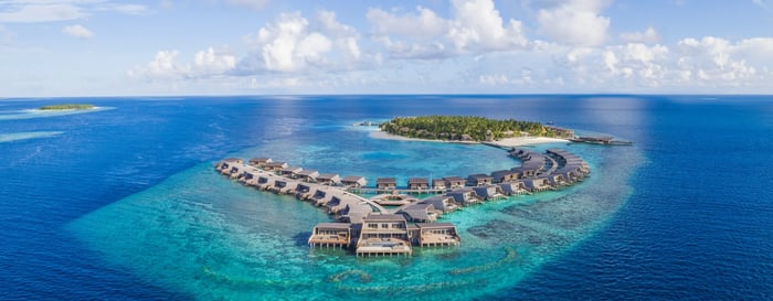 Aerial view across St Regis Vommuli The Maldives