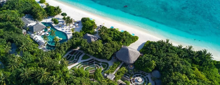 Aerial view across the Six Senses laamu resort The Maldives