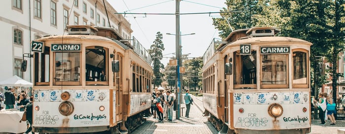 Vintage trams in Porto, Portugal