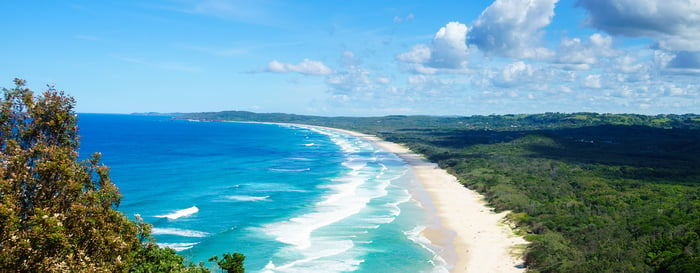 Tallow Beach in Byron Bay. The Pacific Ocean and golden sand surrounded Arakwai National Park