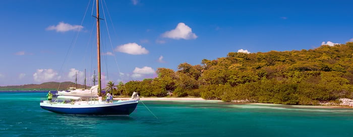Private yacht on The Tobago Cays are a group of islands belonging to St. Vincent and the Grenadines in the Caribbean, Union Island