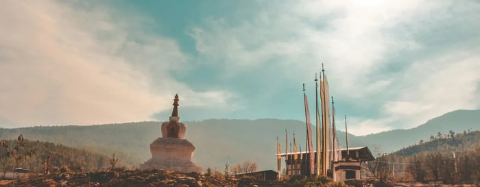 Stupa and prayer flags at Gangtey in Phobjikha Valley in central Bhutan