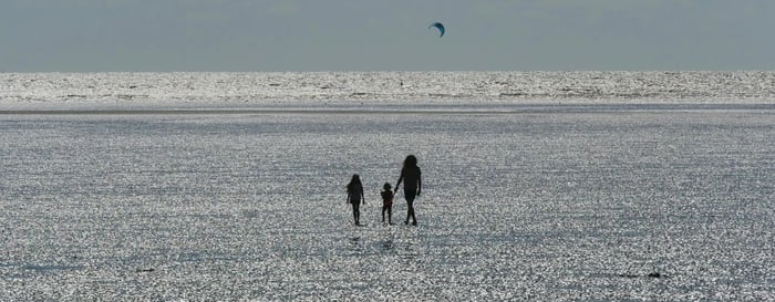Family walking across a glistening beach at low tide