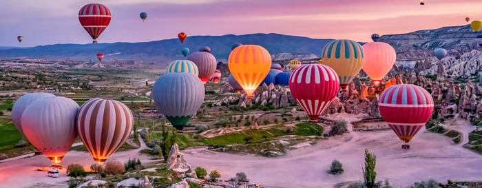 Colorful hot air balloons before launch in Goreme national park, Cappadocia, Turkey