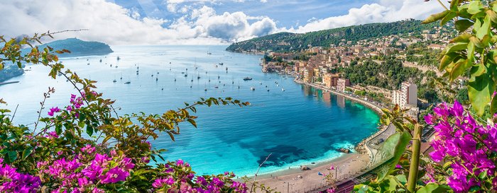 View of French Riviera coast with medieval town Villefranche sur Mer, Nice region, France