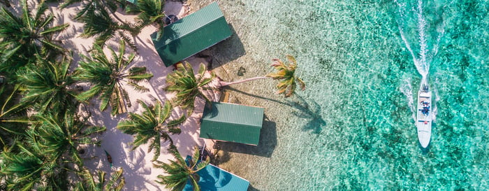 Tobacco Caye aerial in Belize barrier reef with boat