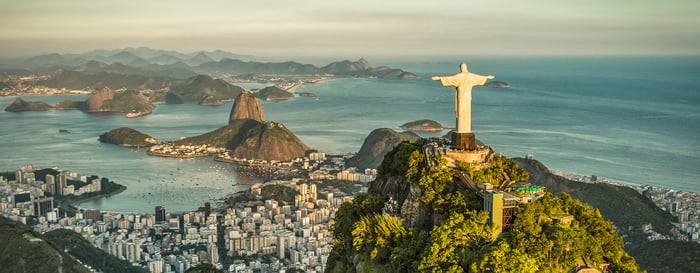 Aerial panorama of Christ and Sugar Loaf Mountain, Rio De Janeiro, Brazil. Vintage