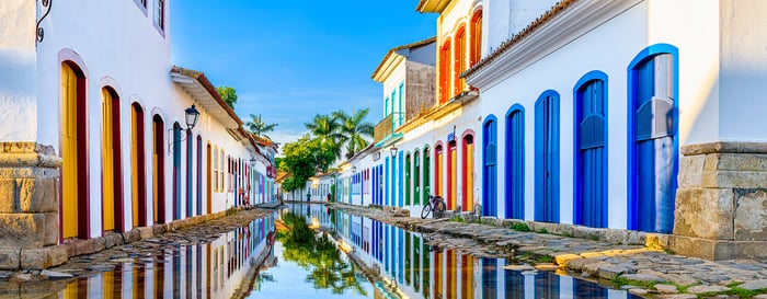 Street of historical center in Paraty, Rio de Janeiro, Brazil. Paraty is a preserved Portuguese colonial and Brazilian Imperial municipality