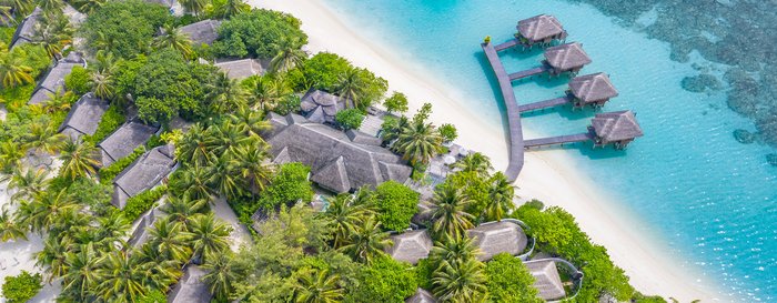 scene of luxury resort in the maldives. aerial view