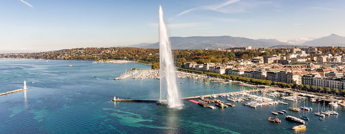 Aerial view of Geneva and the Jet D'Eau fountain