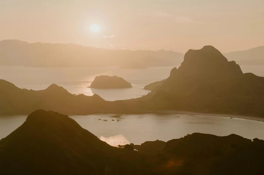 Sun setting over Padar Island in the Komodo archipelago in Indonesia