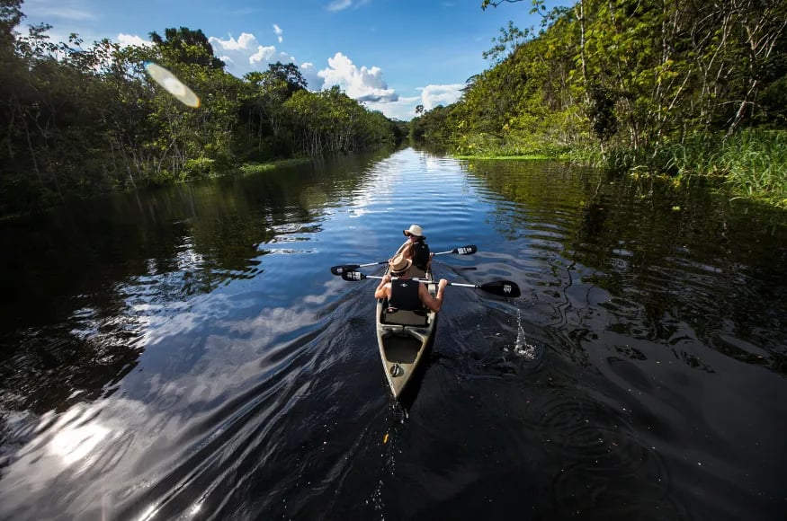 People Kayaking through the Peruvian Amazon River