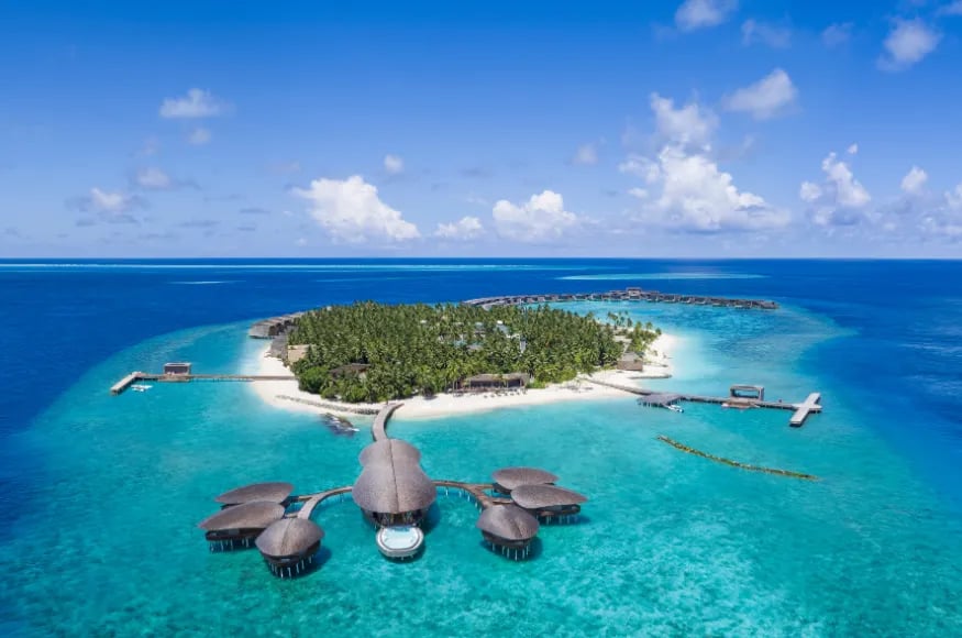 Aerial view over luxury property in the Maldives