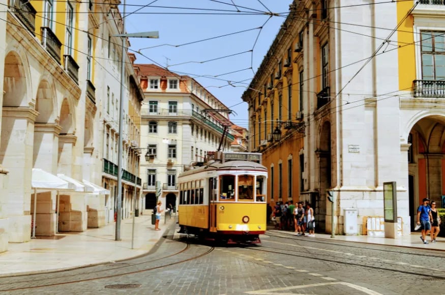 Tram running through Lisbon