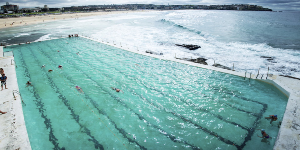 Sydney, Australia - April 6, 2014: View of the beach from the Bondi Icebergs Club swimming pool